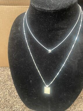 Sterling Silver Double-Layer Necklace with Square Pendant - White